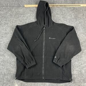 Champion Hoodie Mens 2XL Black Full Zip Fleece Jacket Drawstring Vintage